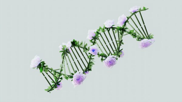 Una representacion de la doble helice de ADN florecida y con verde y hojitas en ella